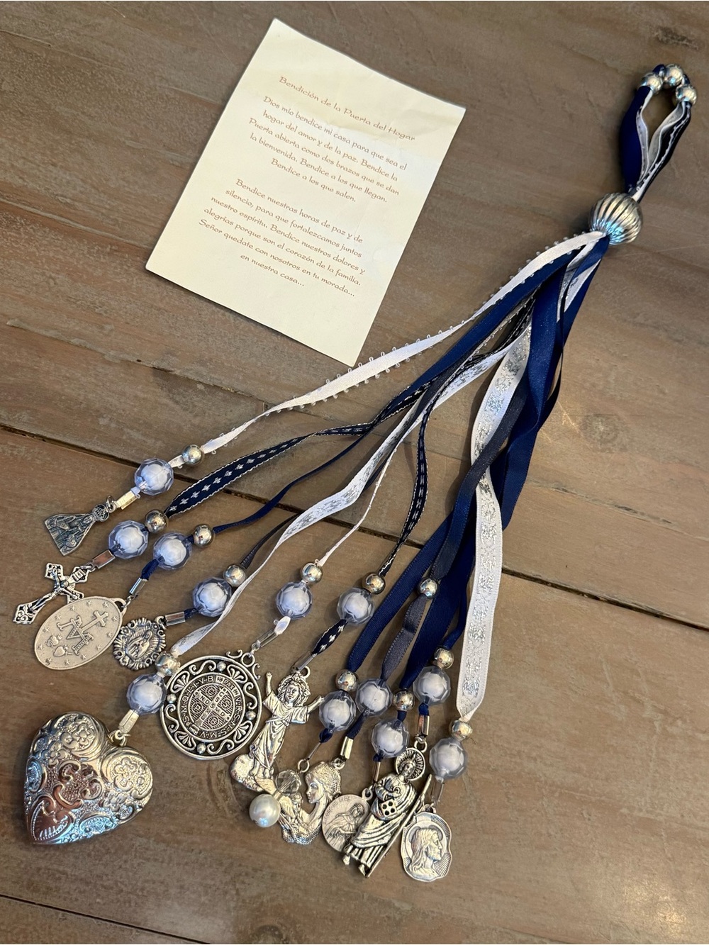 St. Benedict Medals Large Blue Bead Door Hanger Catholic Home Blessing 18” Long